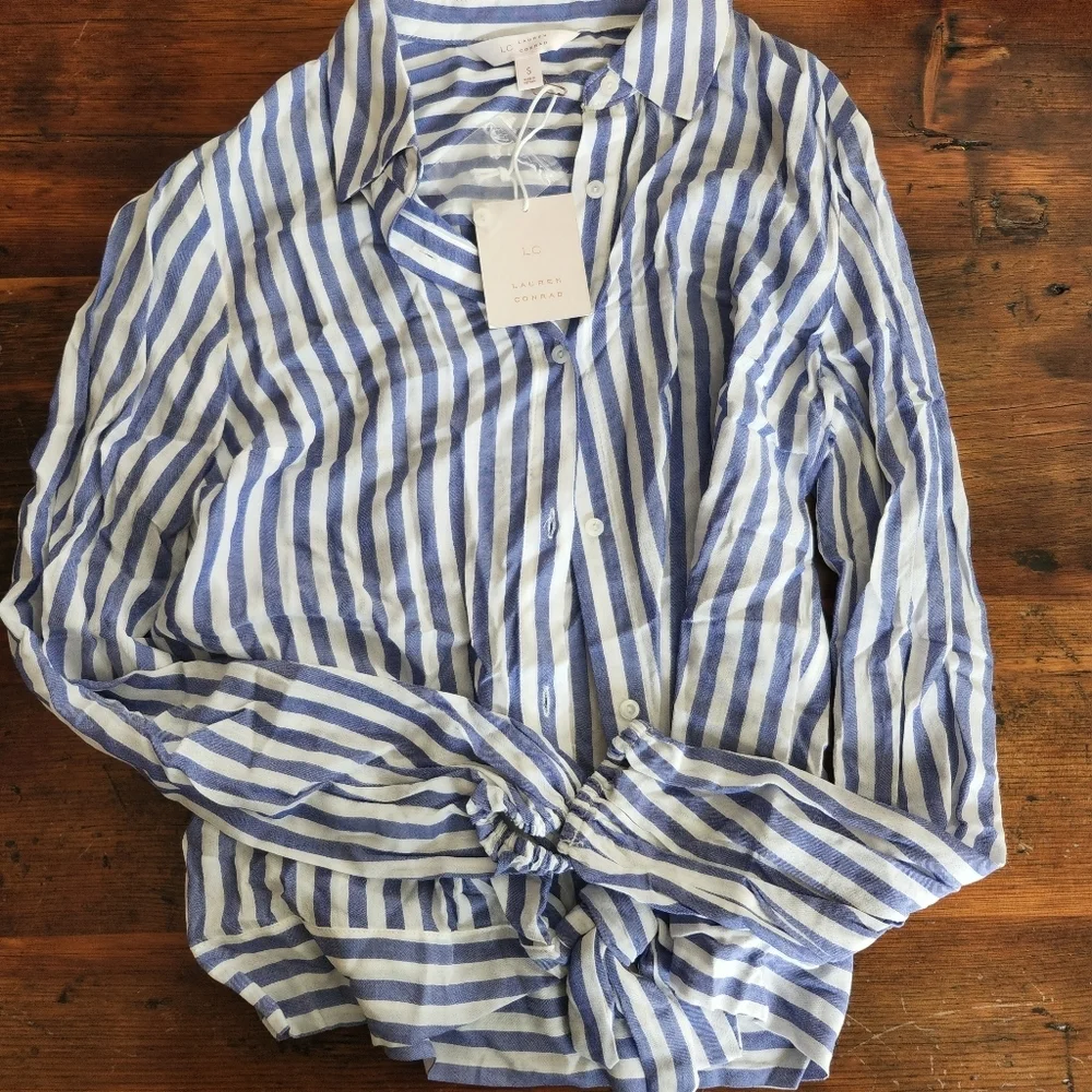 LAUREN CONRAD BLUE AND WHITE STRIPED BLOUSE, SIZE SMALL - Picture 1 of 5